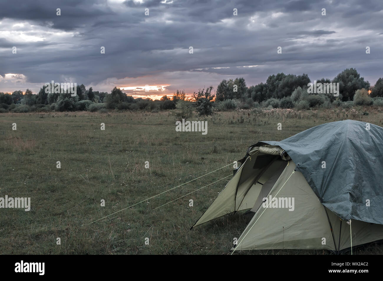 Tourist tent in the meadow in the evening Stock Photo - Alamy