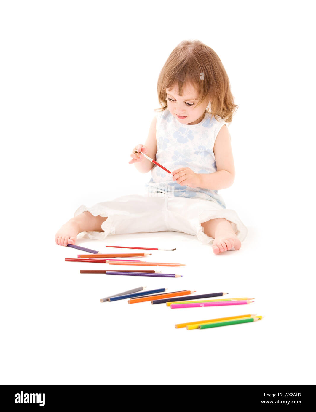 picture of little girl with color pencils over white Stock Photo - Alamy