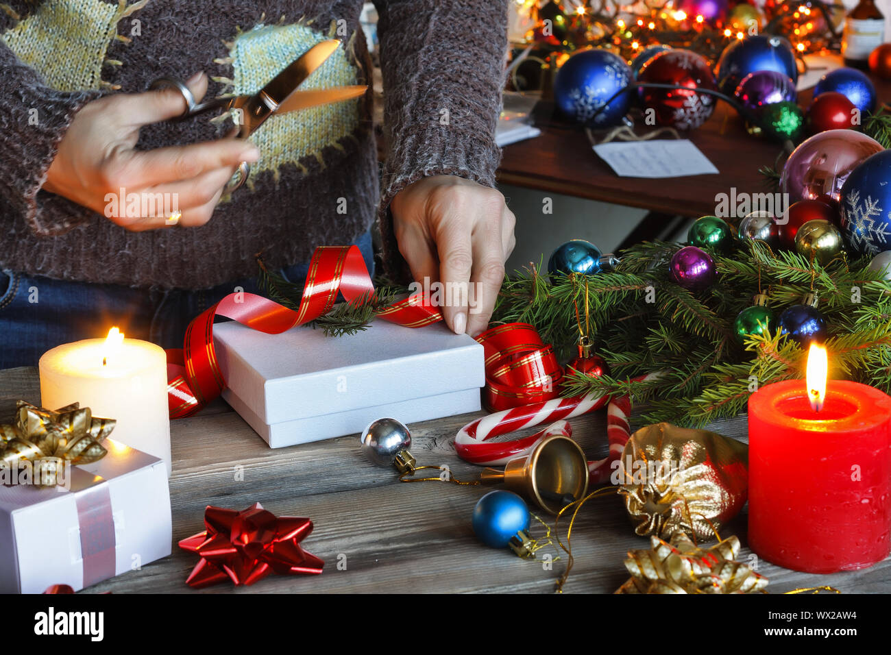 New Year's gifts, New Year 2019, Woman prepares New Year's gifts Stock Photo