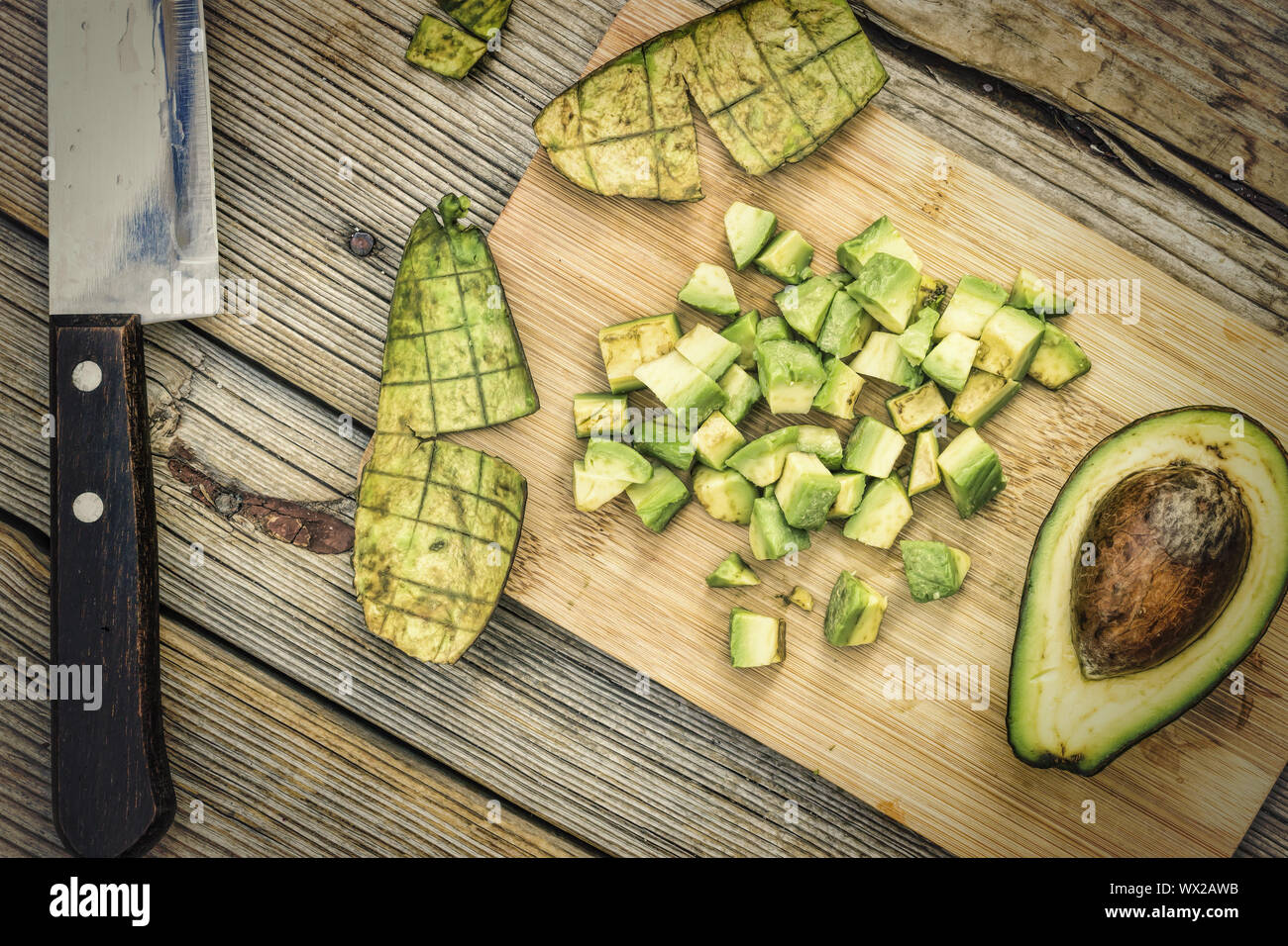 Avocado, diced, raw for salad, diet food, healthy snack, Stock Photo
