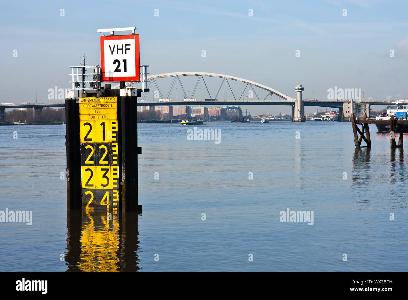 Measurement of the freeboard of a big bridge in the Dutch harbor of Rotterdam Stock Photo