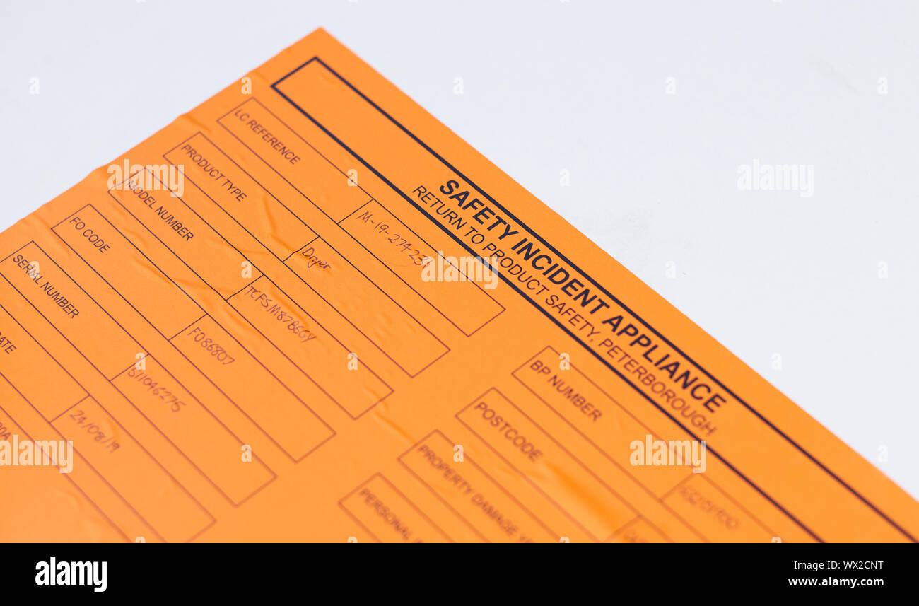 Safety incident notice on a Hotpoint Whirlpool tumble dryer Stock Photo