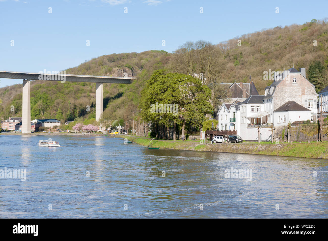 River Meuse near Dinant in Belgium, a highway is crossing te river Stock Photo