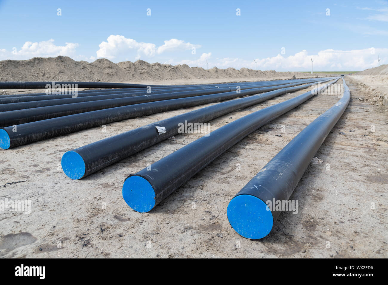 Digging of a big electricity cable trench for a big new windfarm in the Netherlands Stock Photo
