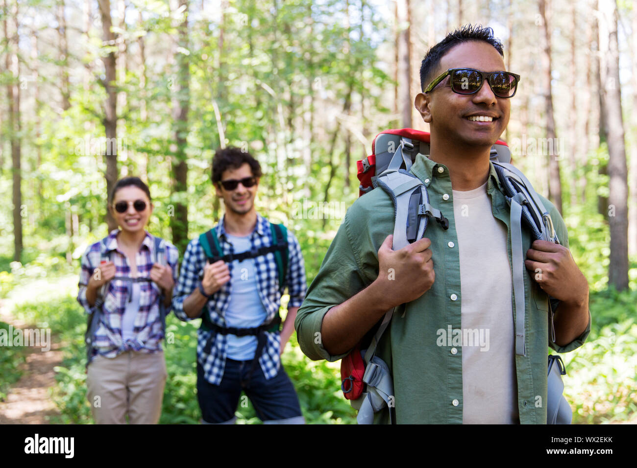 group of friends with backpacks hiking in forest Stock Photo - Alamy