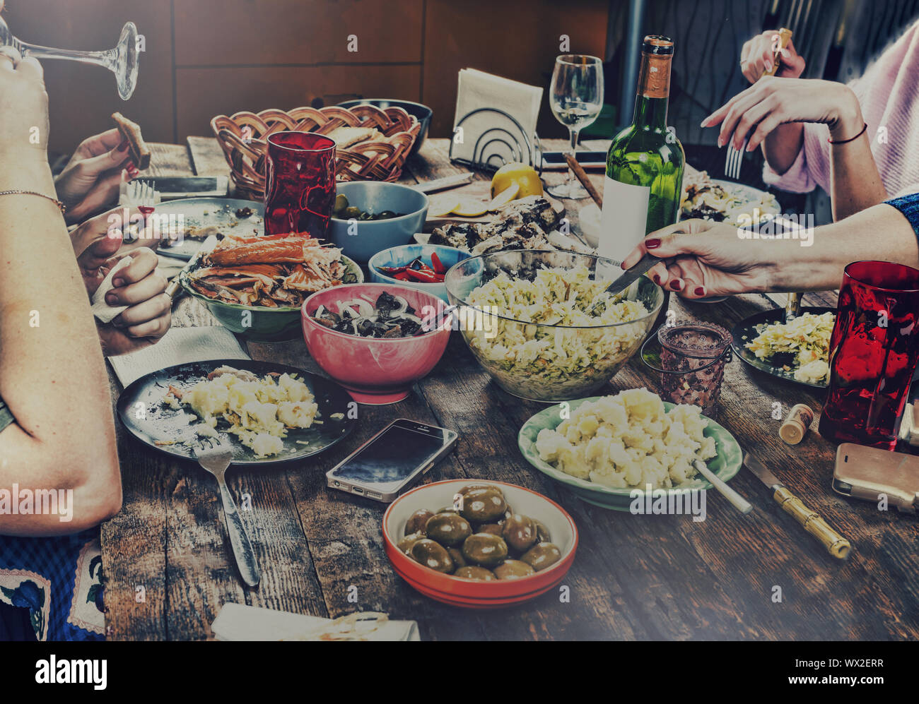 Dining family table. Easter. Various snacks and Easter wine. close up Stock Photo