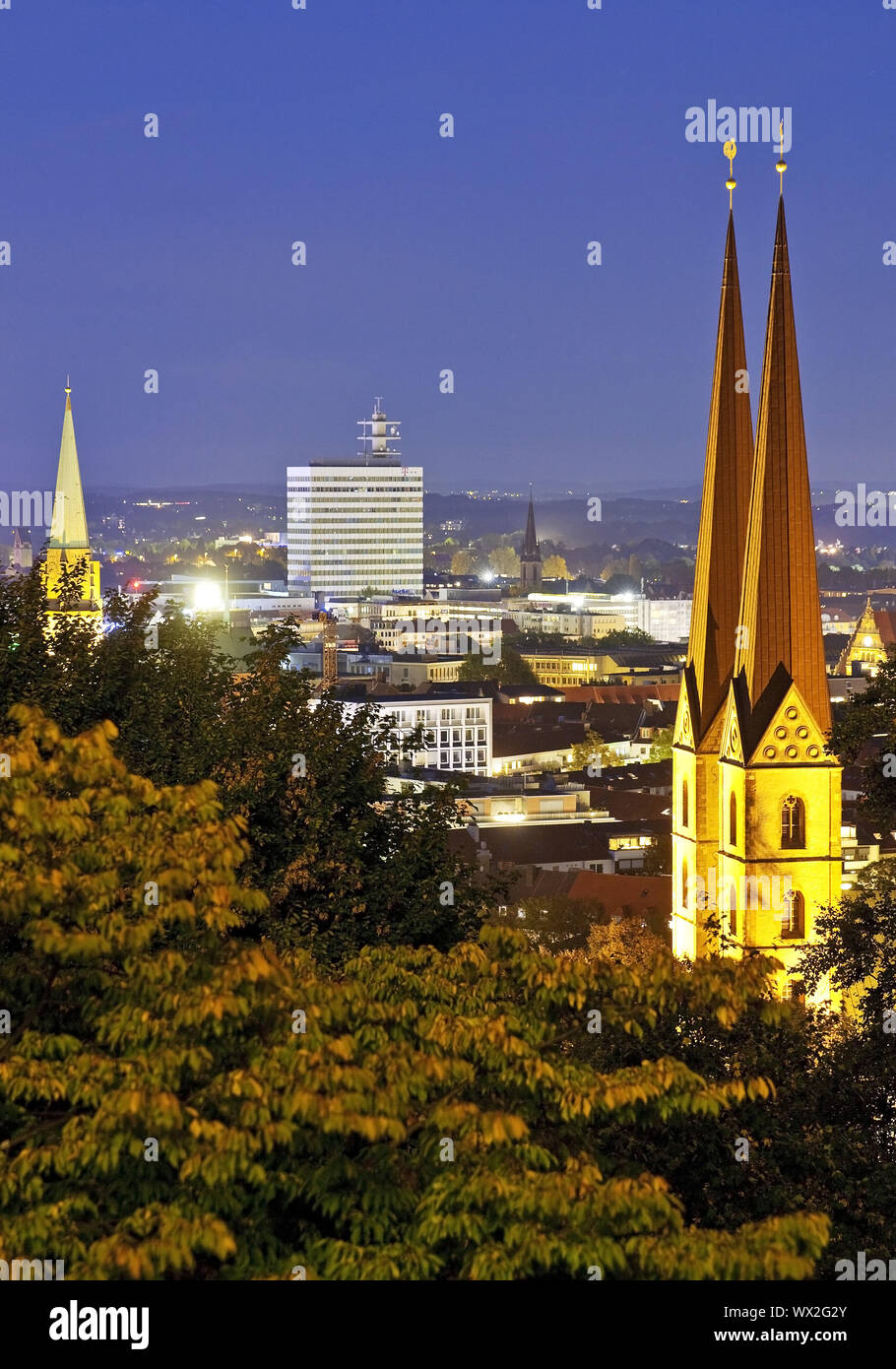 City view with St. Mary's Church, blue hour, Bielefeld, North Rhine-Westphalia, Germany, Europe Stock Photo