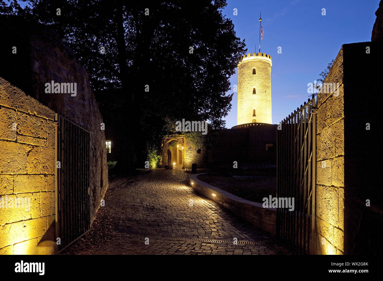 illuminated Sparrenburg Castle in the evening, Bielefeld, North Rhine-Westphalia, Germany, Europe Stock Photo