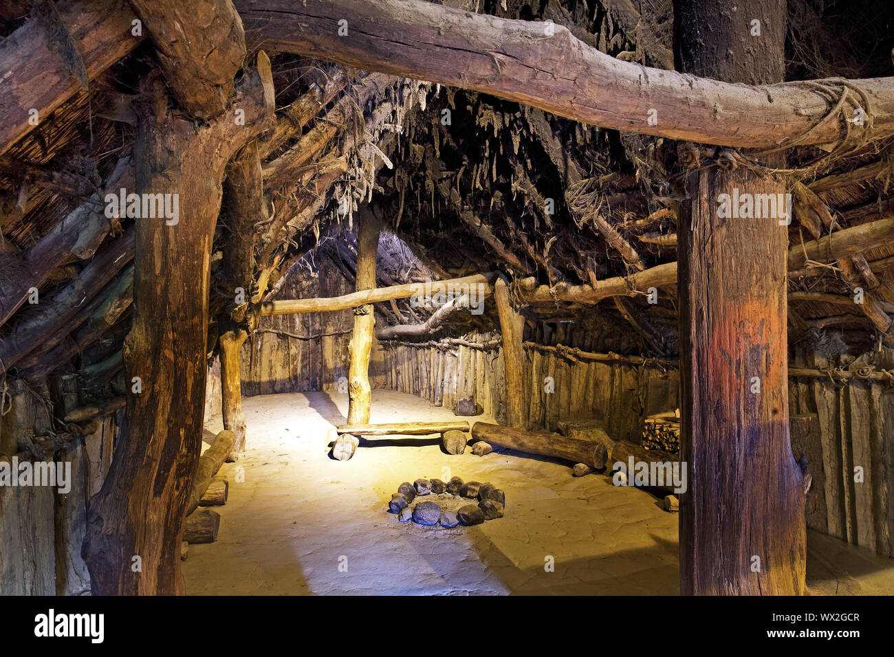 inside view of Neolithic house, Archaeological open-air museum, Oerlinghausen, Germany, Europe Stock Photo