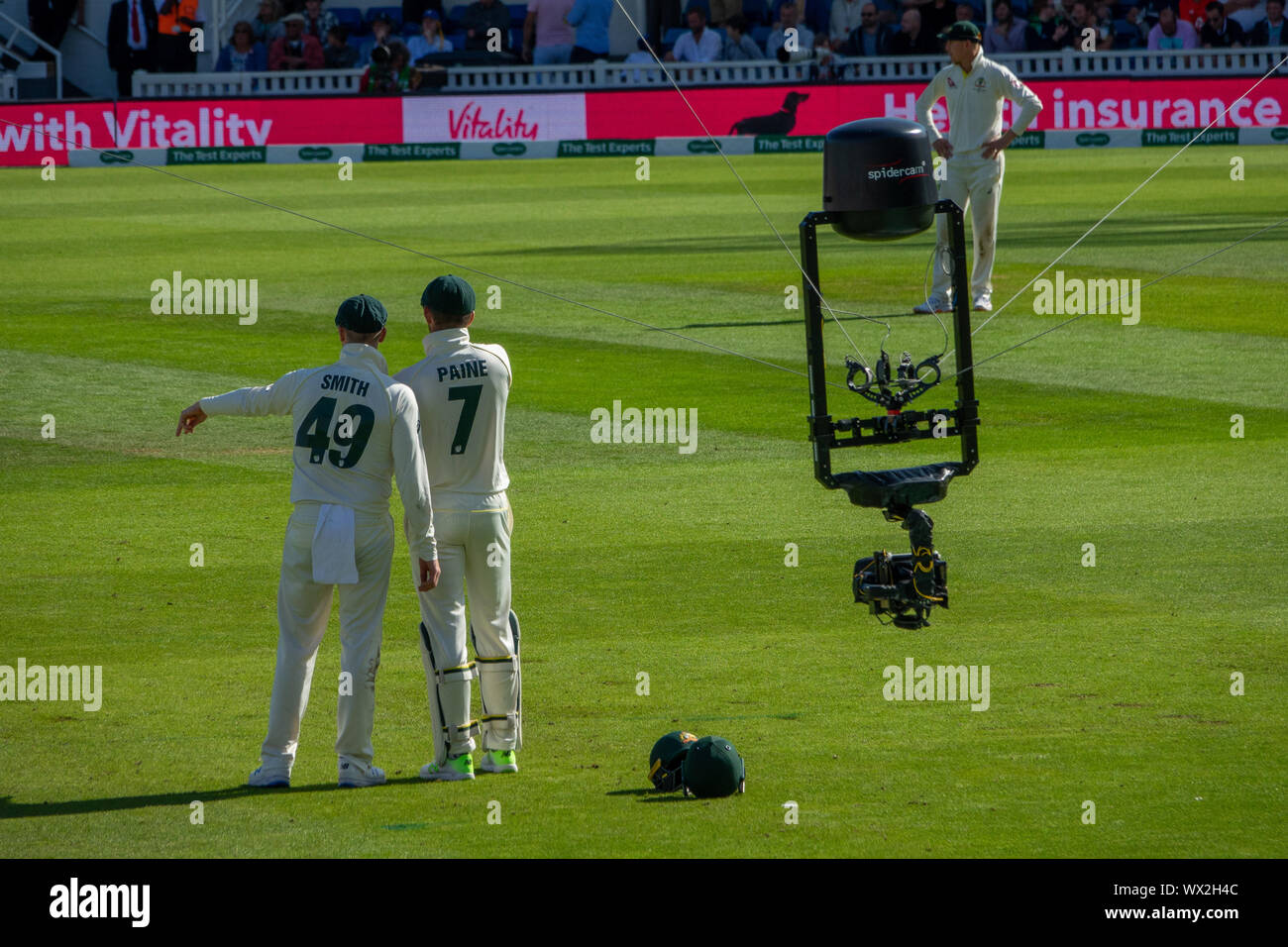 Spidercam at The Oval for England. v Australia Test Match.The Spidercam is  a system which enables film and television cameras to move both vertically  and horizontally over a predetermined area, typically the