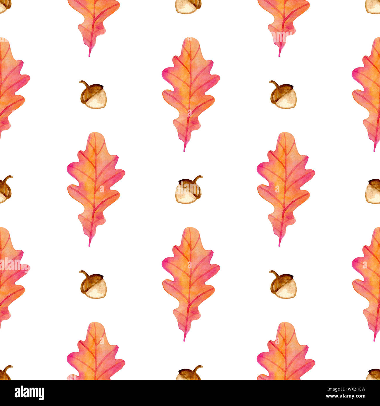 Watercolor autumn floral seamless pattern with acorns and orange oak ...
