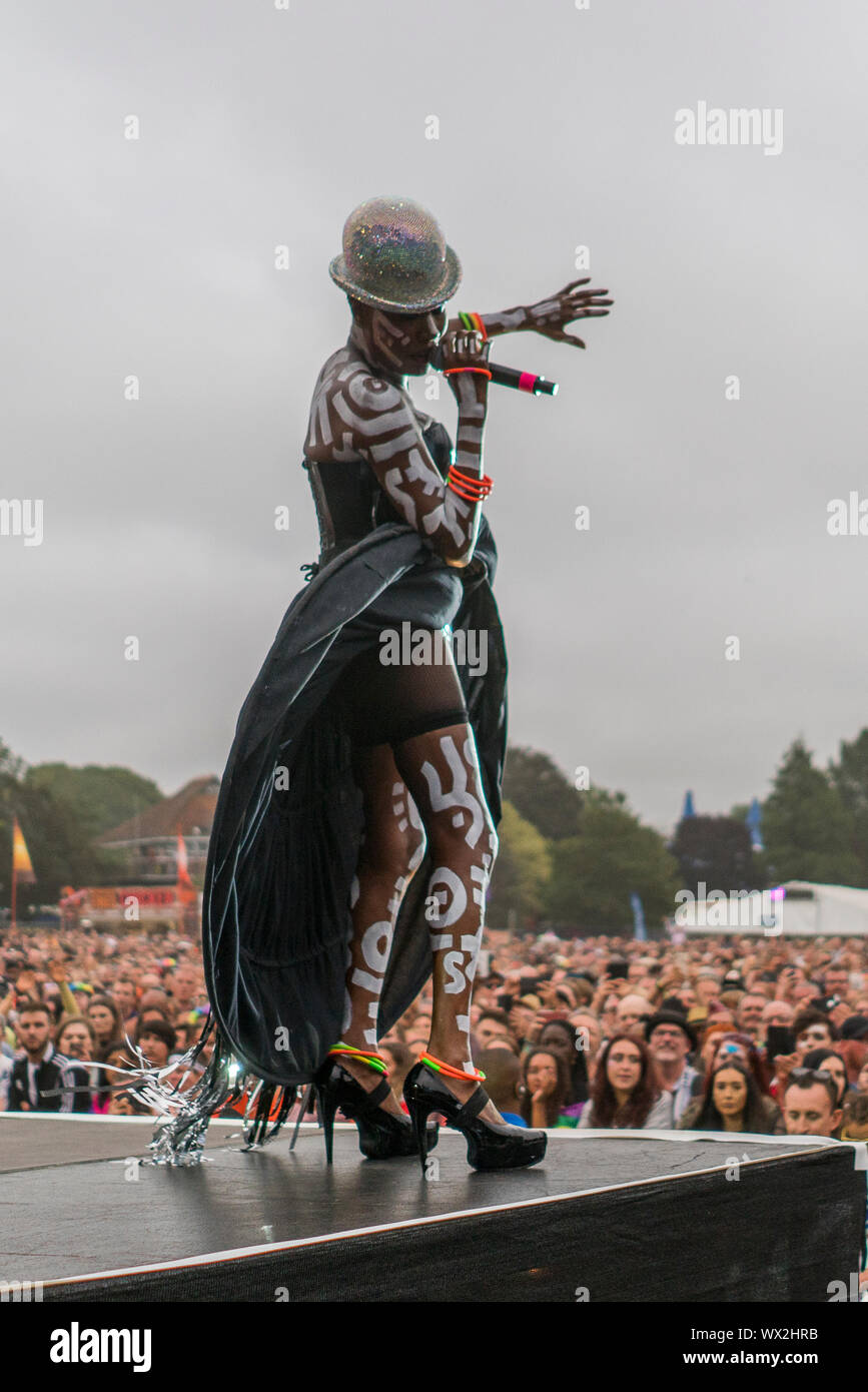 2019, August 4th : Grace Jones performs in Preston Park, Brighton, UK at Love BN1 Fest Stock Photo