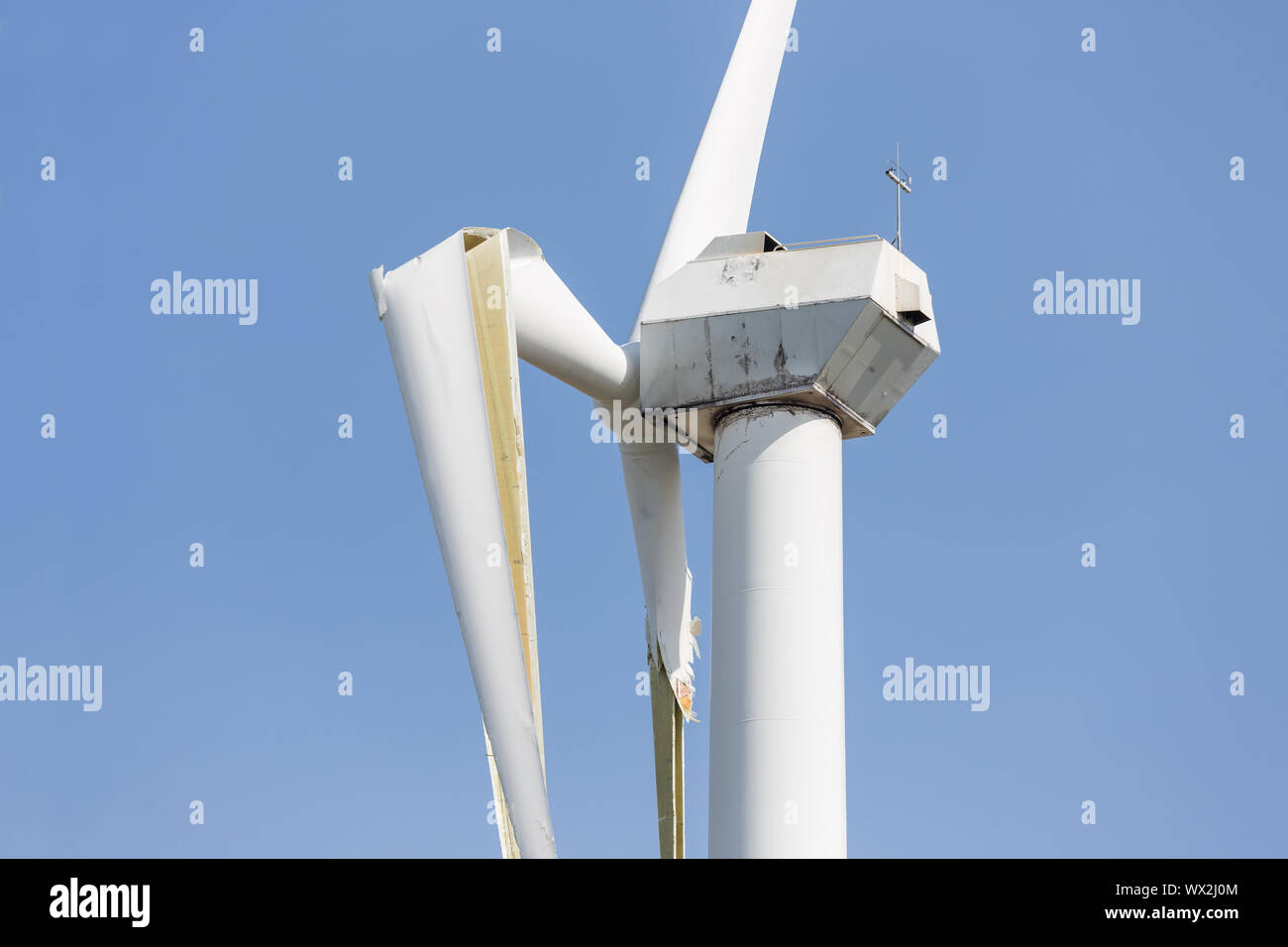 Wind turbine with broken wings after a heavy storm in the Netherlands Stock Photo