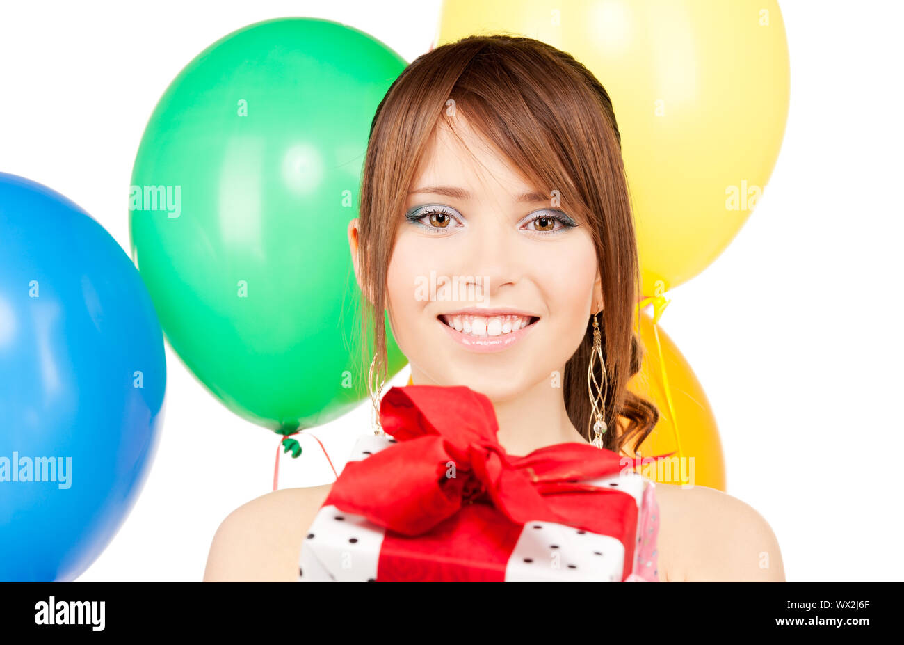 party girl with balloons and gift box Stock Photo Alamy