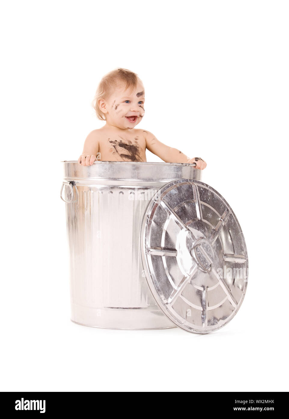 picture of adorable baby in trash can Stock Photo Alamy