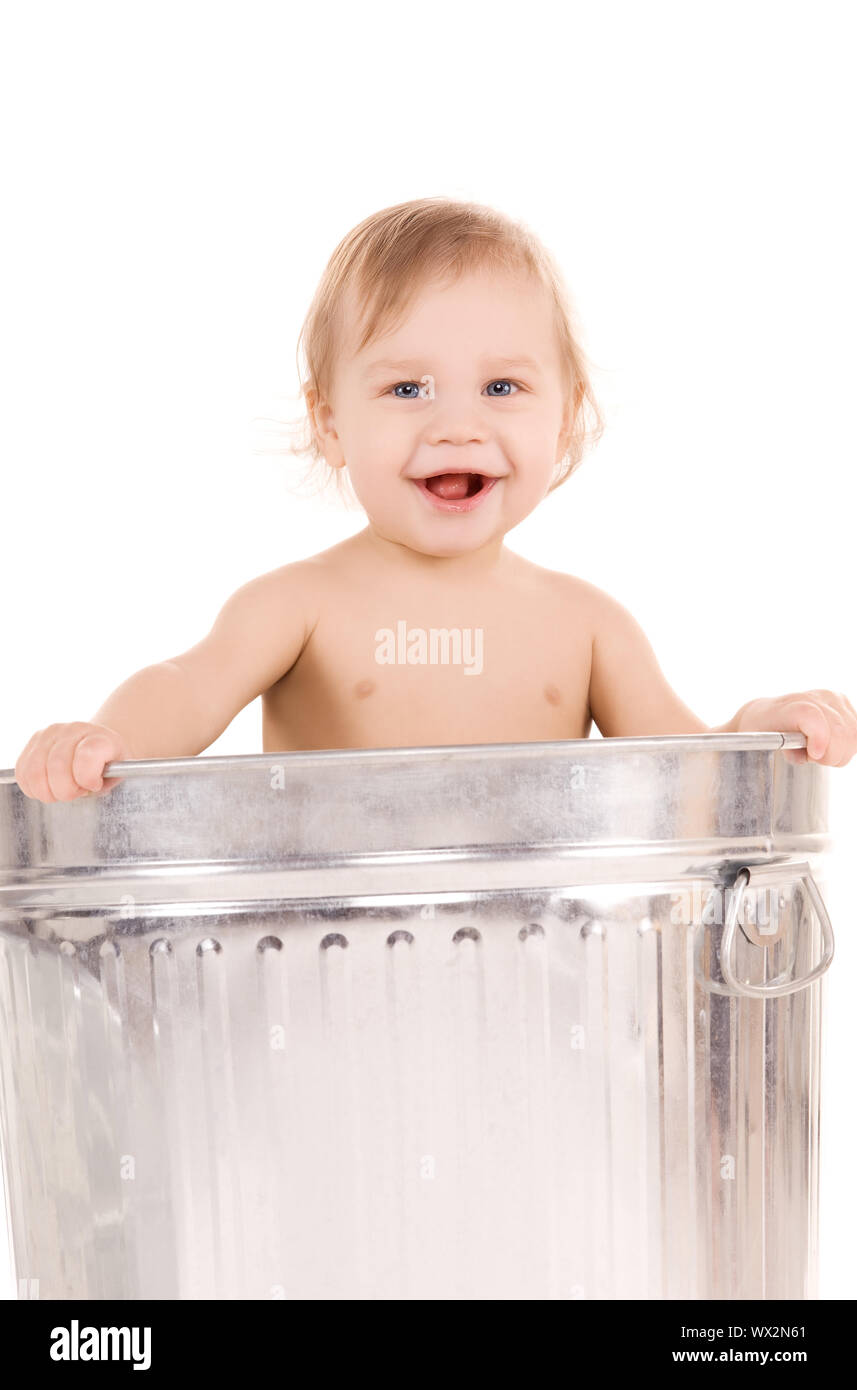 picture of adorable baby in trash can Stock Photo Alamy