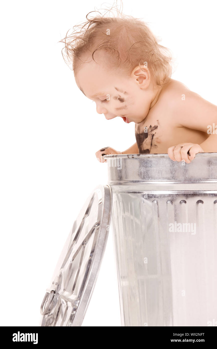 picture of adorable baby in trash can Stock Photo Alamy