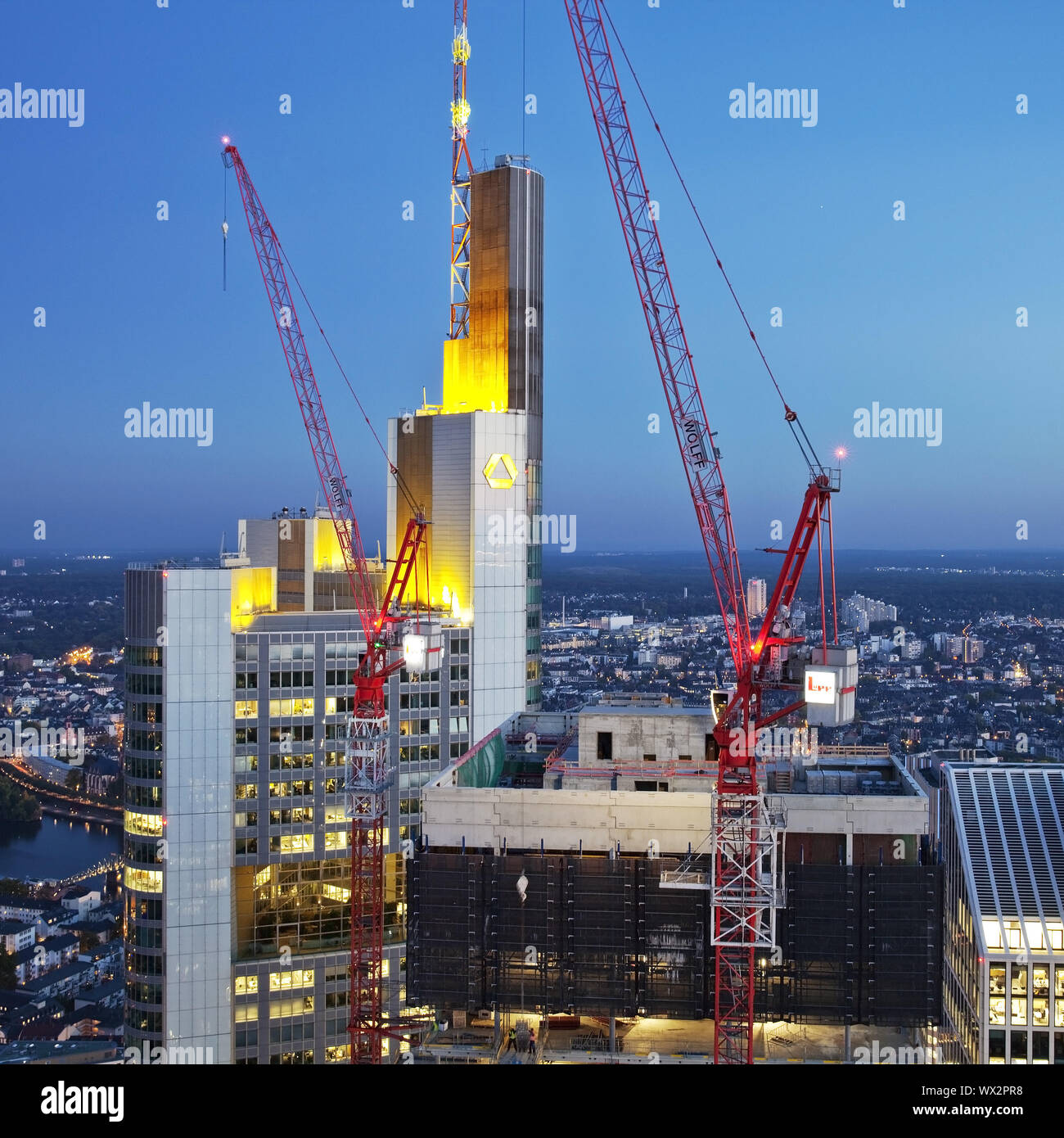 construction site in the financial district next to Commerzbank in the evening, Frankfurt am Main Stock Photo