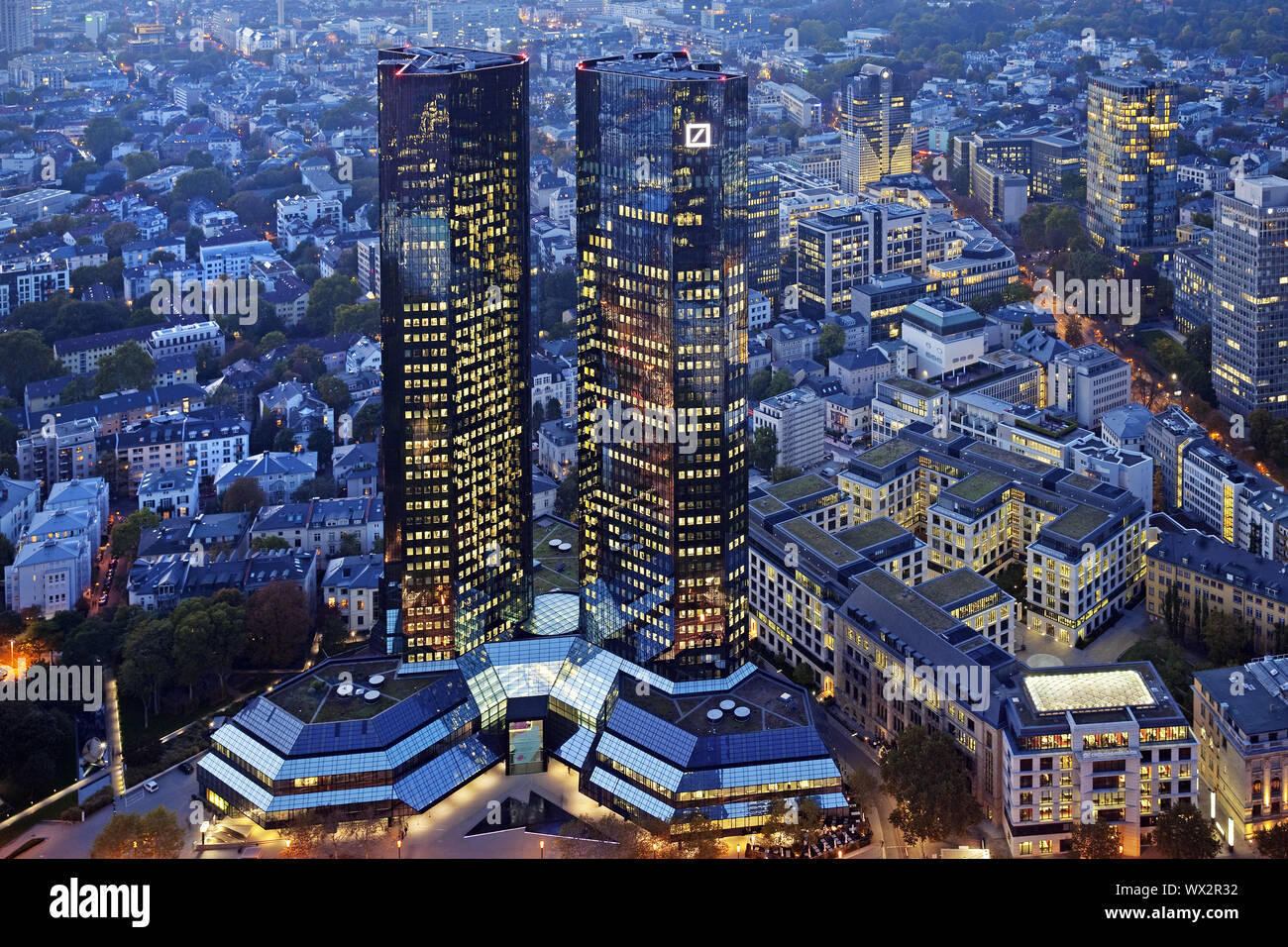 buildings of Deutsche Bank in the evening, Frankfurt am Main, Hesse, Germany, Europe Stock Photo