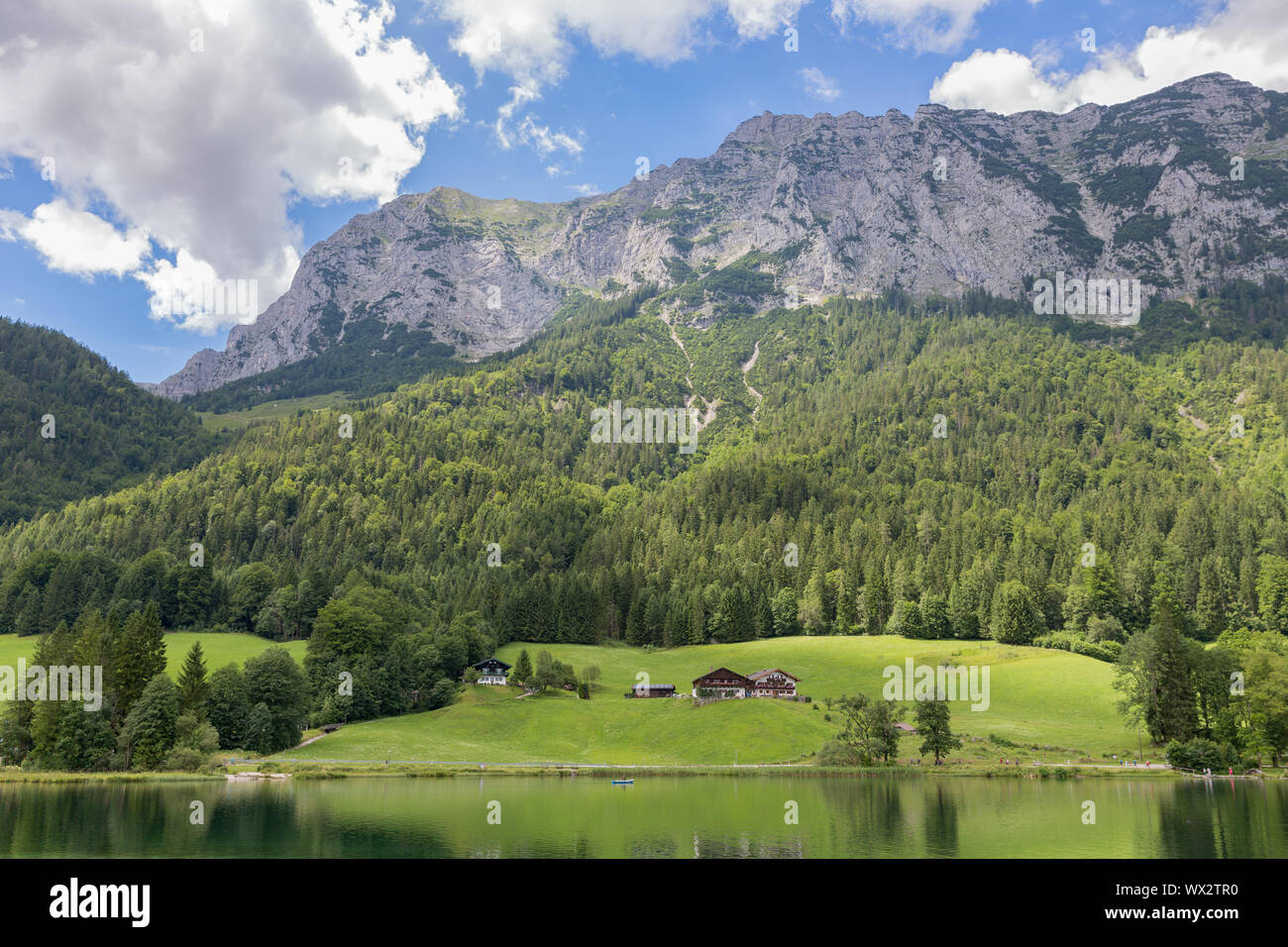 Lake Hintersee near Ramsau in Bavarian alps with hotels Stock Photo