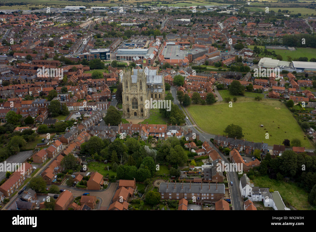 Beverley, UK - 15th September 2019: Aerial view of Beverley Minster and the surrounding town Stock Photo