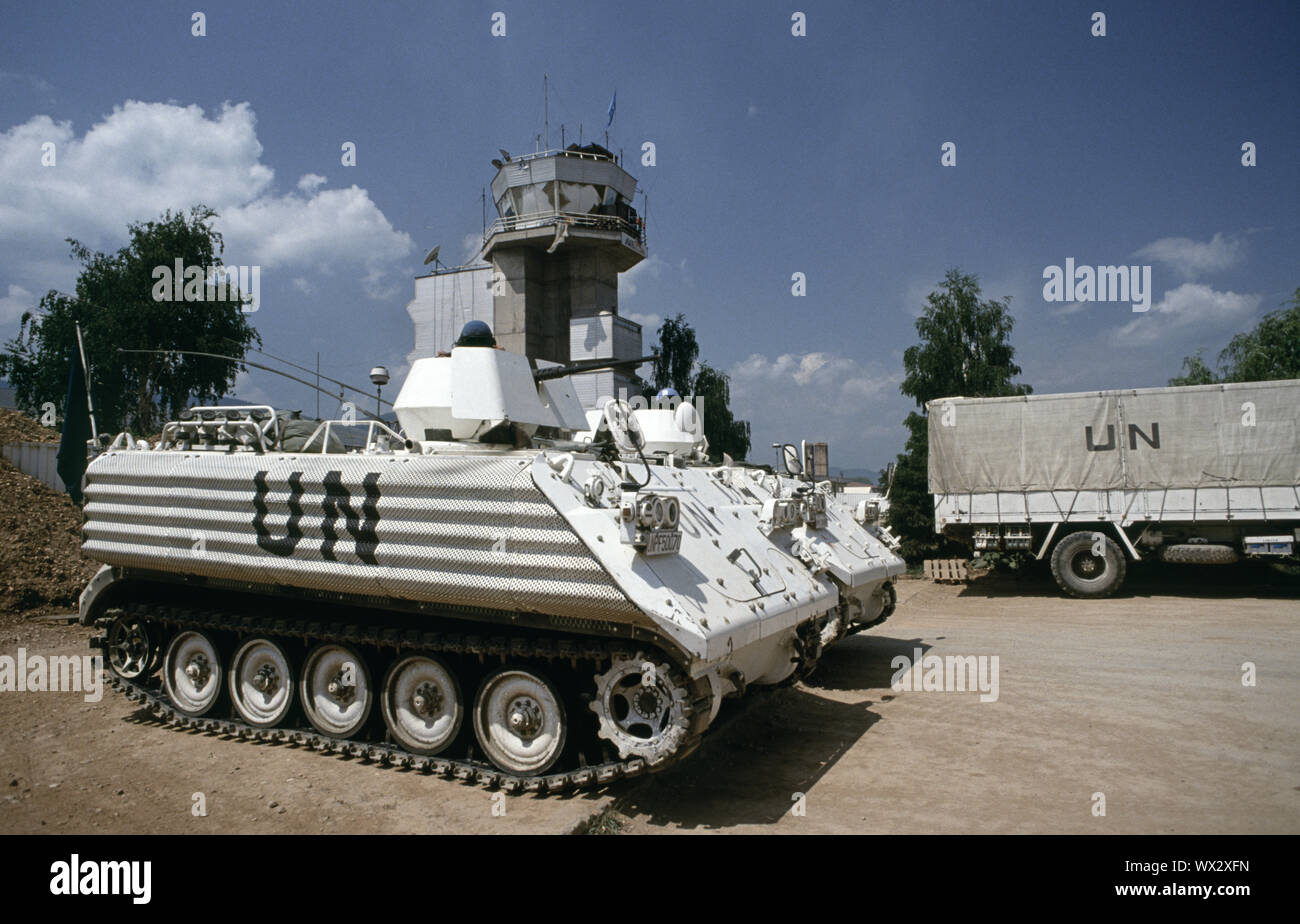 29th May 1993 During the Siege of Sarajevo: UNPROFOR Danish YPR-765 AIFVs/APCs in the car park at Sarajevo Airport.. Stock Photo