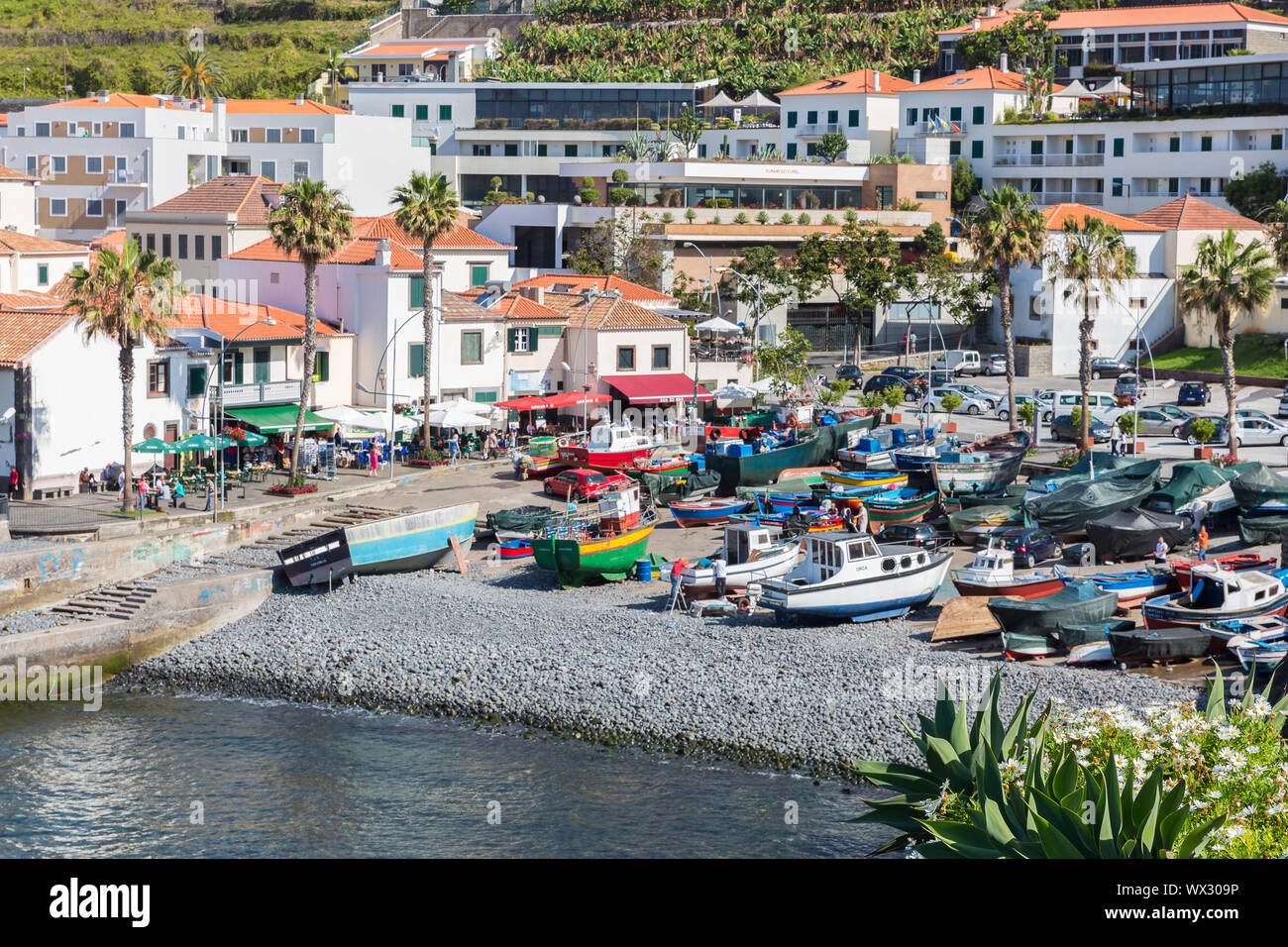 Harbor with  fishing ships at Camara de Lobos, Madeira Island Stock Photo
