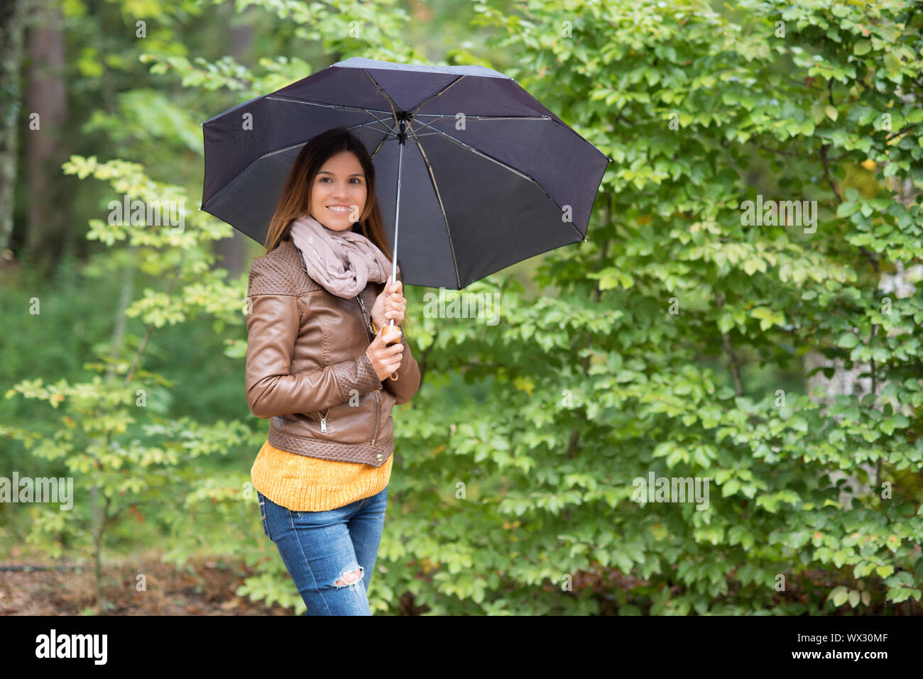 Beautiful woman with umbrella in autumn park Stock Photo - Alamy