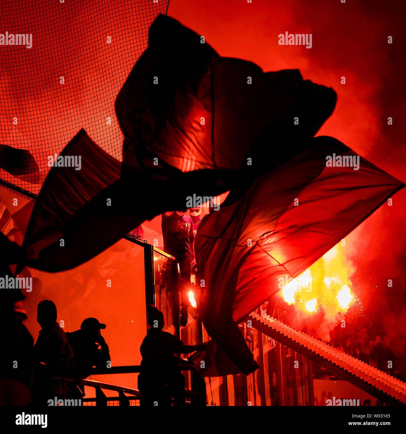 Nijmegen, Netherlands. 16 September 2019. De Graafschap, football, Keuken Kampioen Divisie, season 2019-2020, 16-09-2019, Stadium de Goffert, fireworks from de Graafschap supporters before the match NEC - De Graafschap Credit: Pro Shots/Alamy Live News Stock Photo