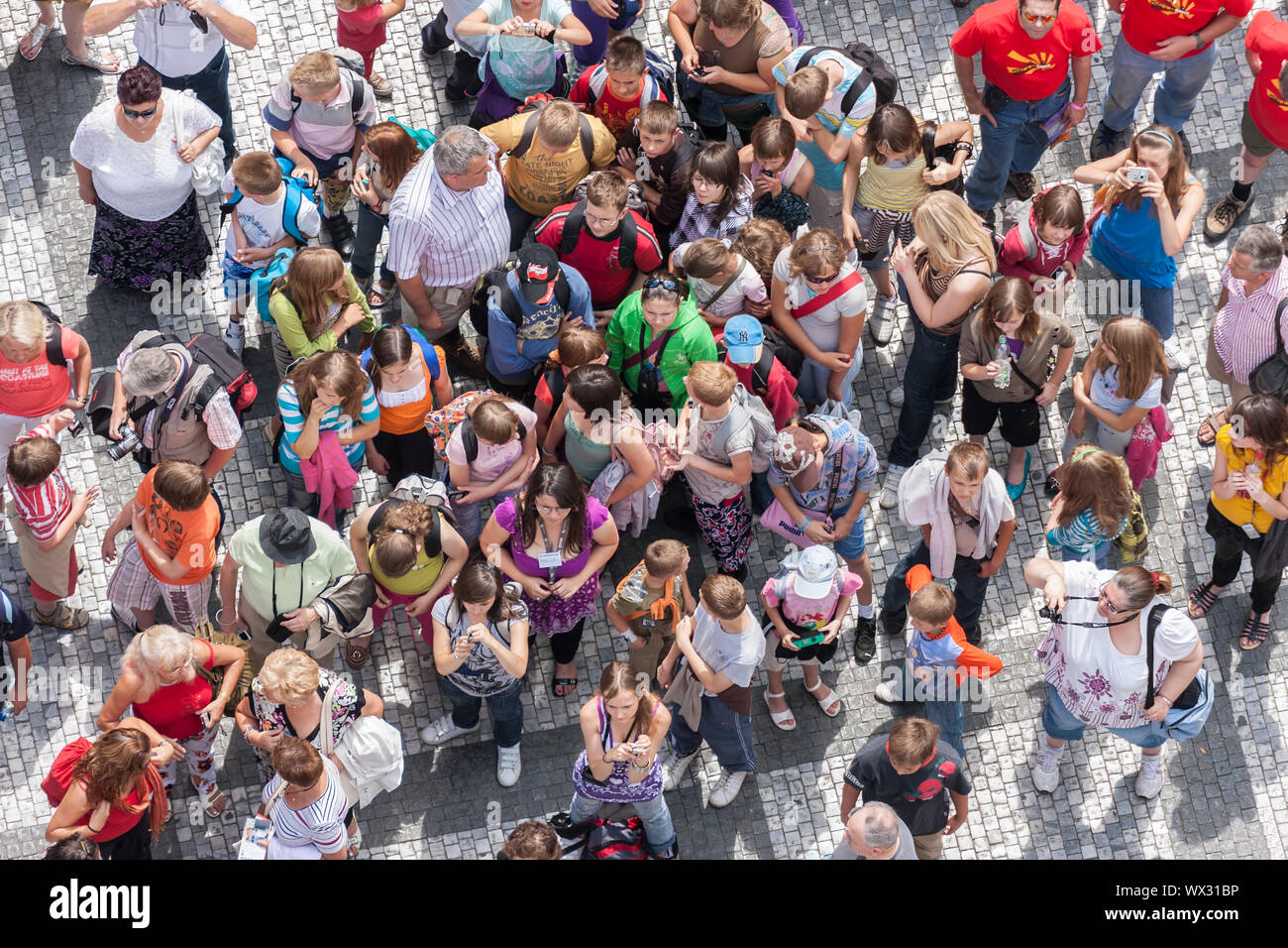 Top view tourists waiting at town square Pragua, Czech Republic Stock Photo