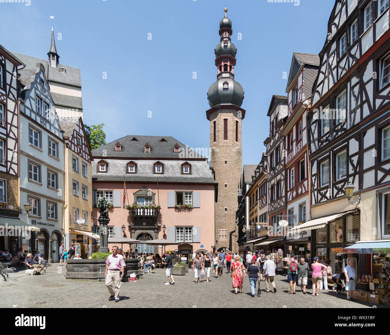 Center of German medieval city Bernkastel with shopping tourists Stock Photo