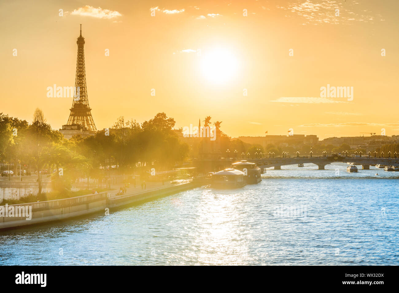 Beautiful sunset with Eiffel Tower Stock Photo