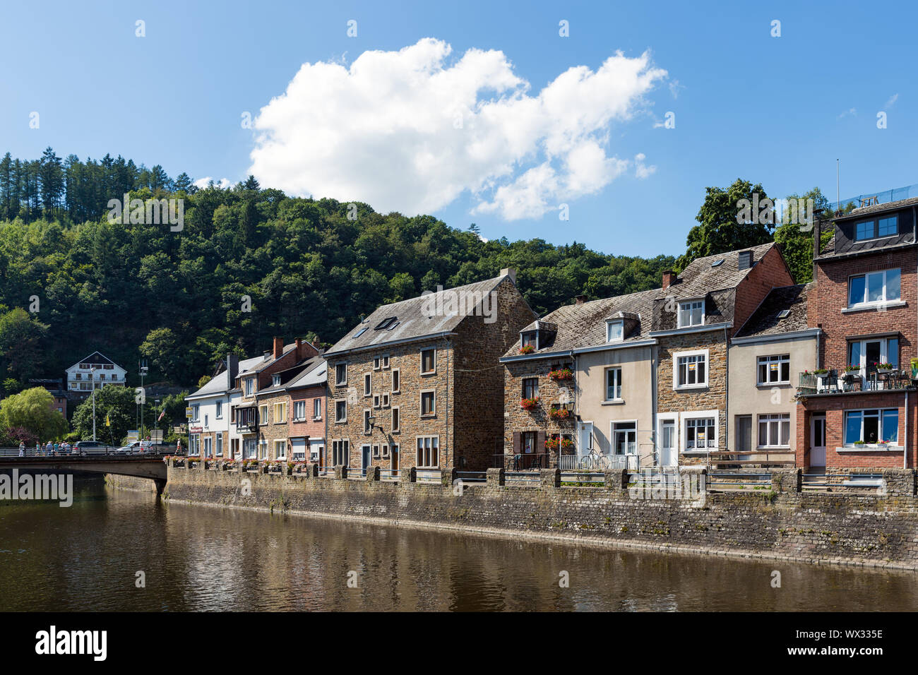 River Ourthe in historic centre La Roche-en-Ardenne in Belgian Ardennes ...
