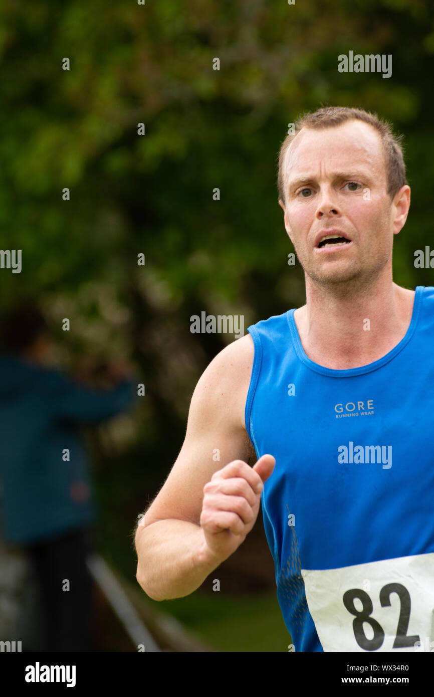 Amateur runners in a real life race, the traditional 2 Hills Chagford trail race Stock Photo