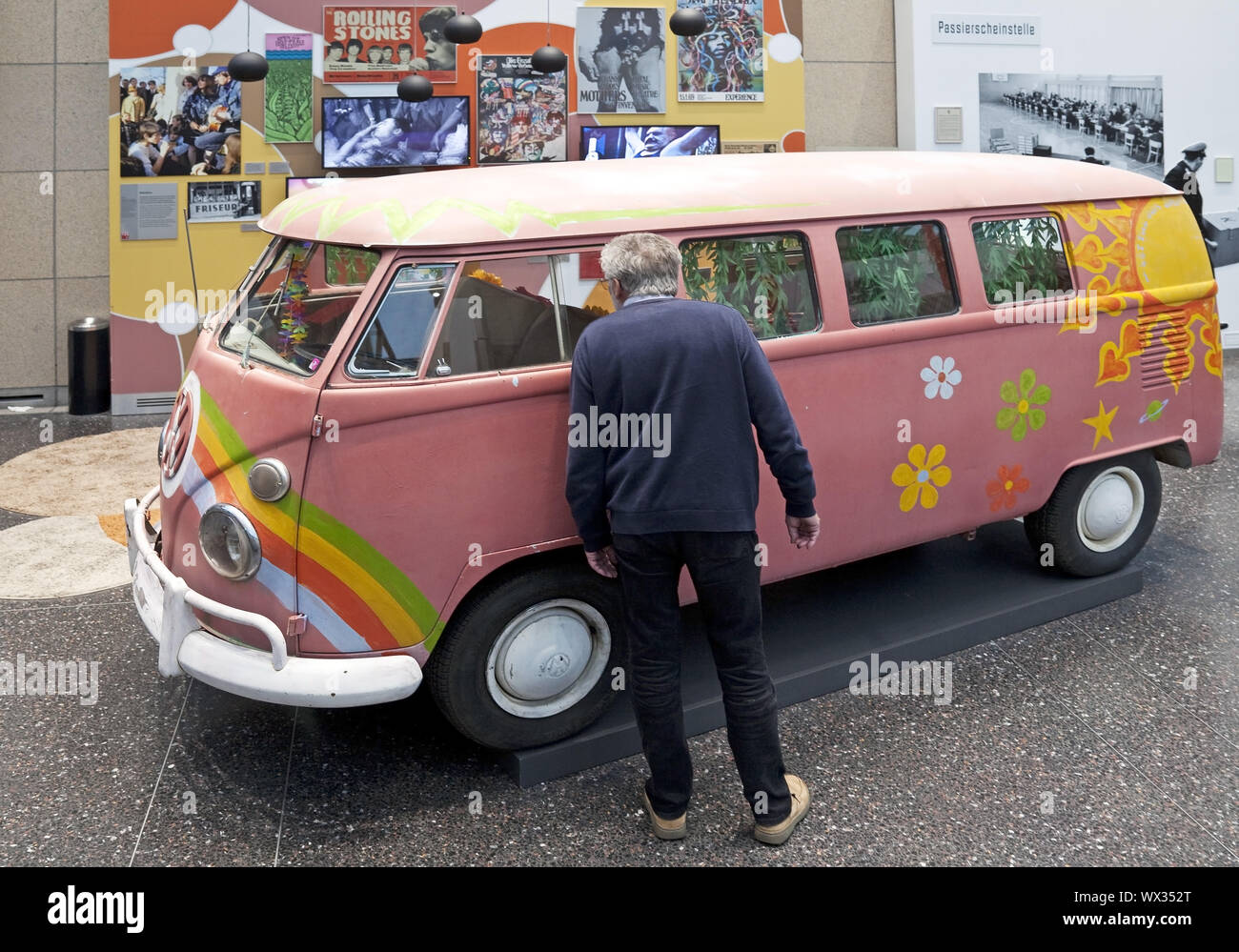 Hippie movement with painted VW bus, House of History, Bonn, North Rhine-Westphalia, Germany, Europe Stock Photo
