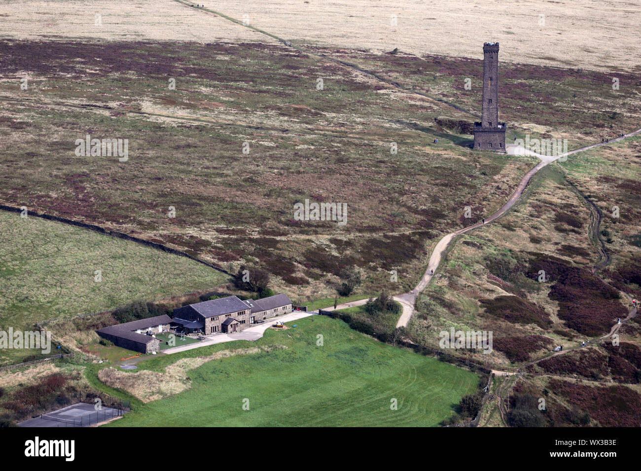 aerial view of Peel Tower & Hill End Farm, Holcombe, Bury, Greater Manchester, UK Stock Photo