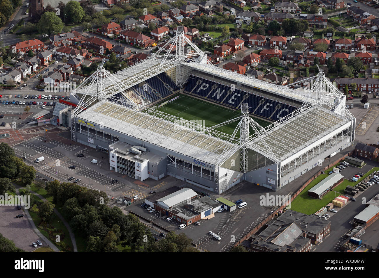 aerial view of Deepdale Stadium - Preston North End football ground Stock Photo