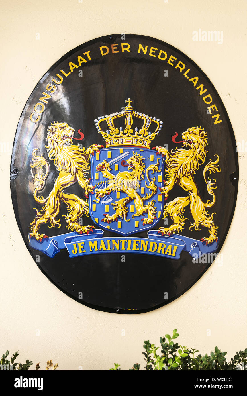 crest, sign, consulate of the Netherlands, Kerkyra, Corfu, Greece, Europe Stock Photo