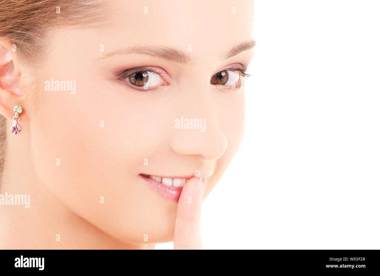portrait of beautiful woman with finger on lips Stock Photo - Alamy