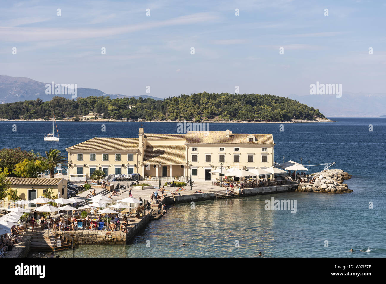 Faliraki bath, bay, restaurant, Kerkyra, Corfu, Greece, Europe Stock Photo