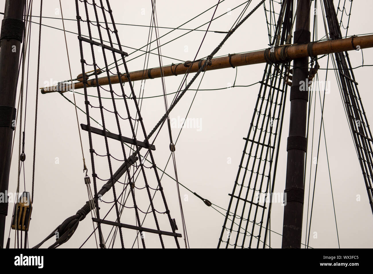 rigging and mast of an old sailing ship Stock Photo