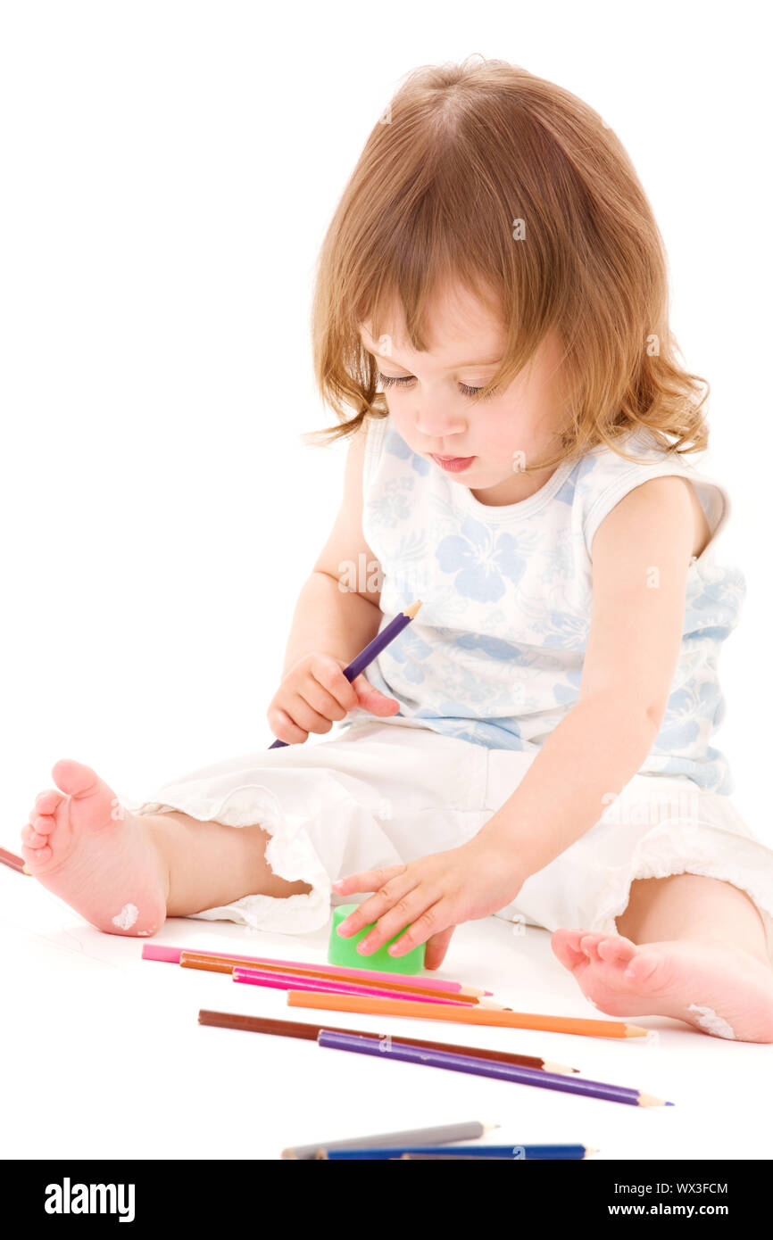 picture of little girl with color pencils over white Stock Photo - Alamy