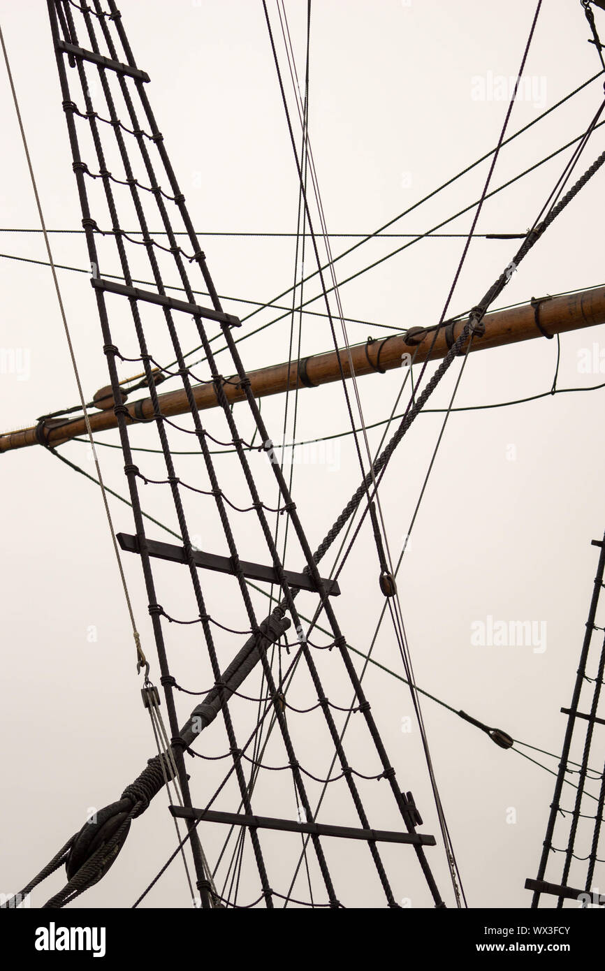 close up view of old sailing ship rigging and mast and sail Stock Photo