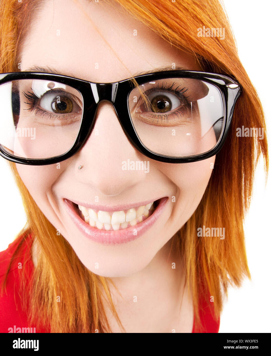 wideangle distorted picture of funny female face Stock Photo