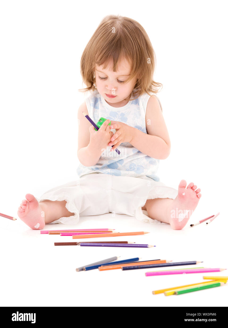 picture of little girl with color pencils over white Stock Photo - Alamy
