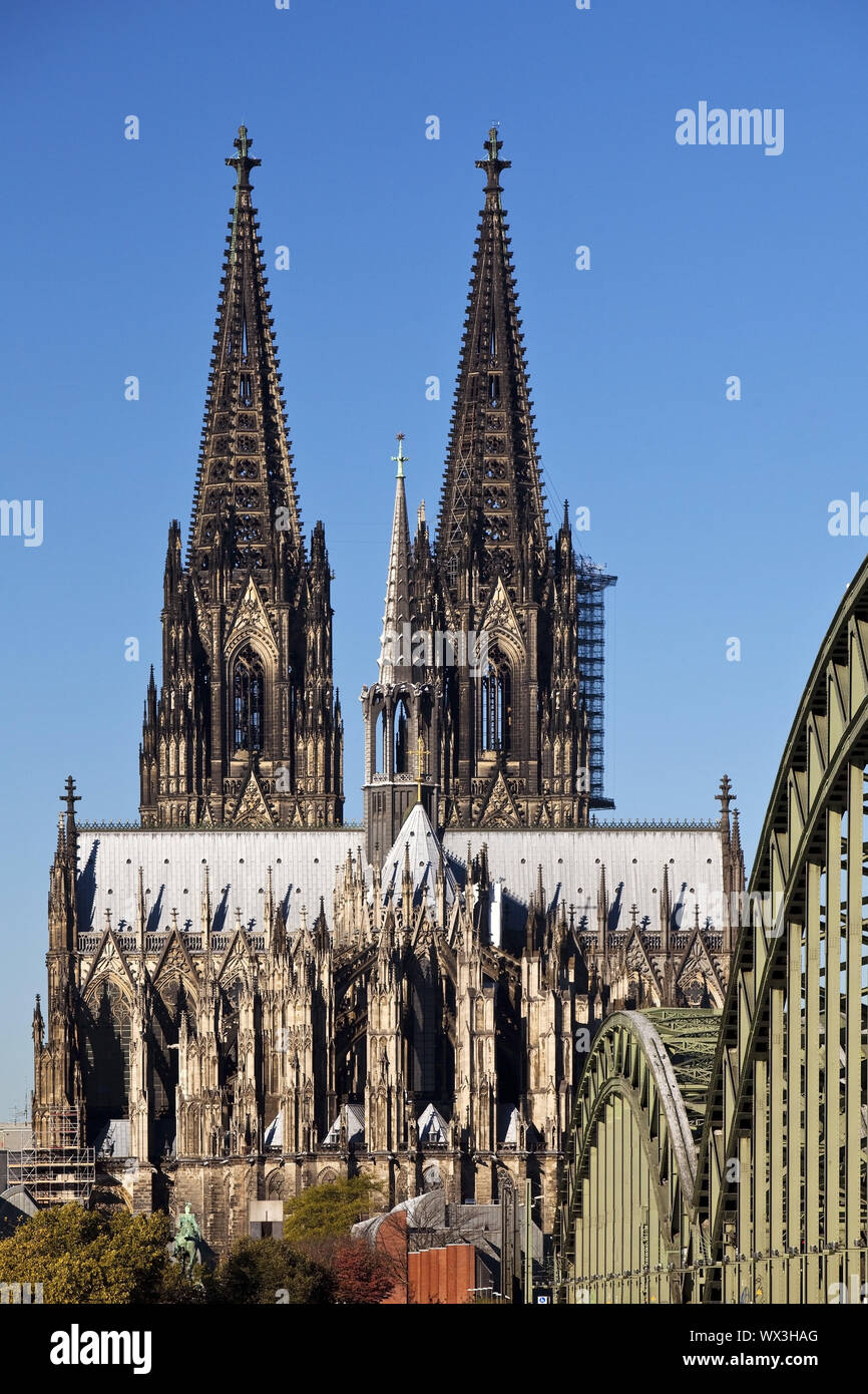 Cologne Cathedral and Hohenzollern Bridge, Cologne, Rhineland, Germany, Europe Stock Photo