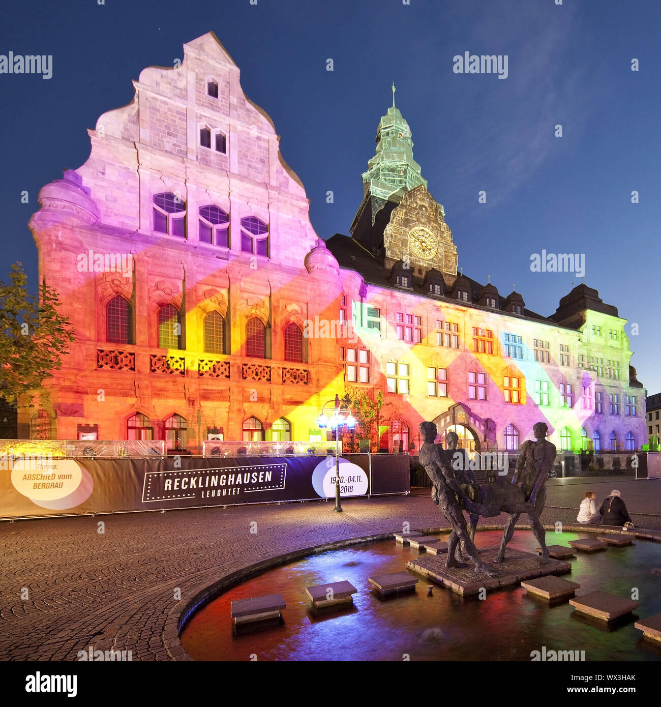 illuminated town hall in the evening, Recklinghausen illuminations, Recklinghausen, Germany, Europe Stock Photo
