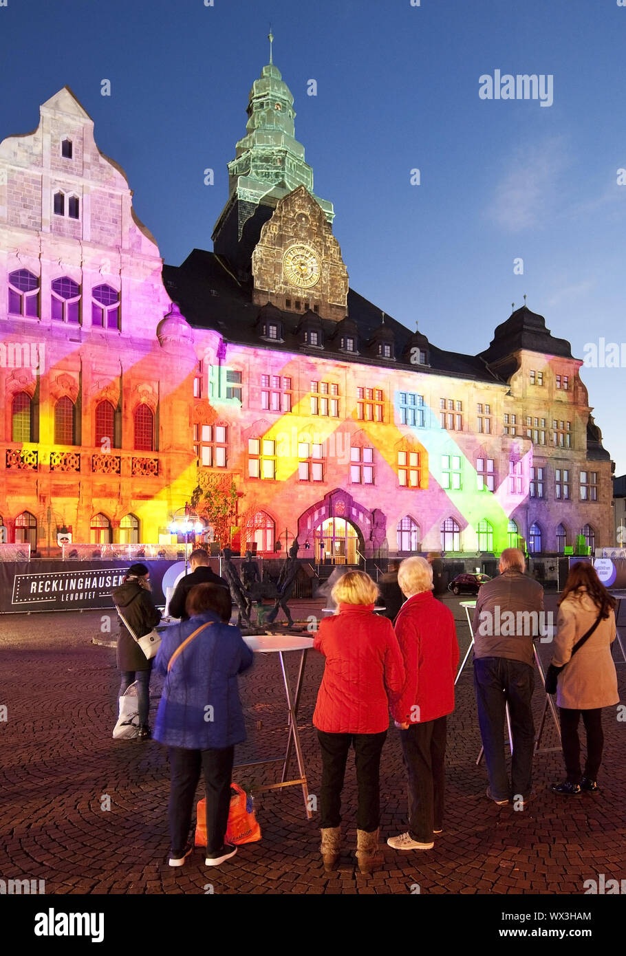 illuminated town hall in the evening, Recklinghausen illuminations, Recklinghausen, Germany, Europe Stock Photo