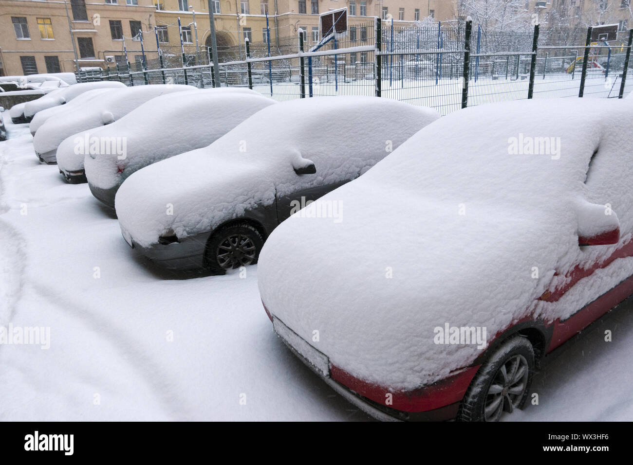 cars under snow in the city courtyard Stock Photo