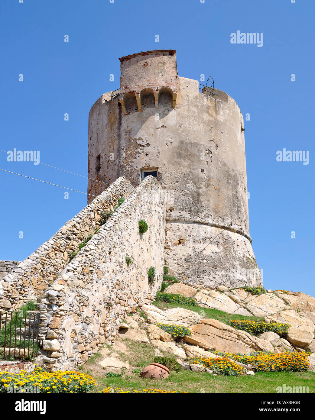 Saracene Watch Tower in Harbor of Marciana Marina on Island of Elba,Tuscany,mediterranean Sea,Italy Stock Photo